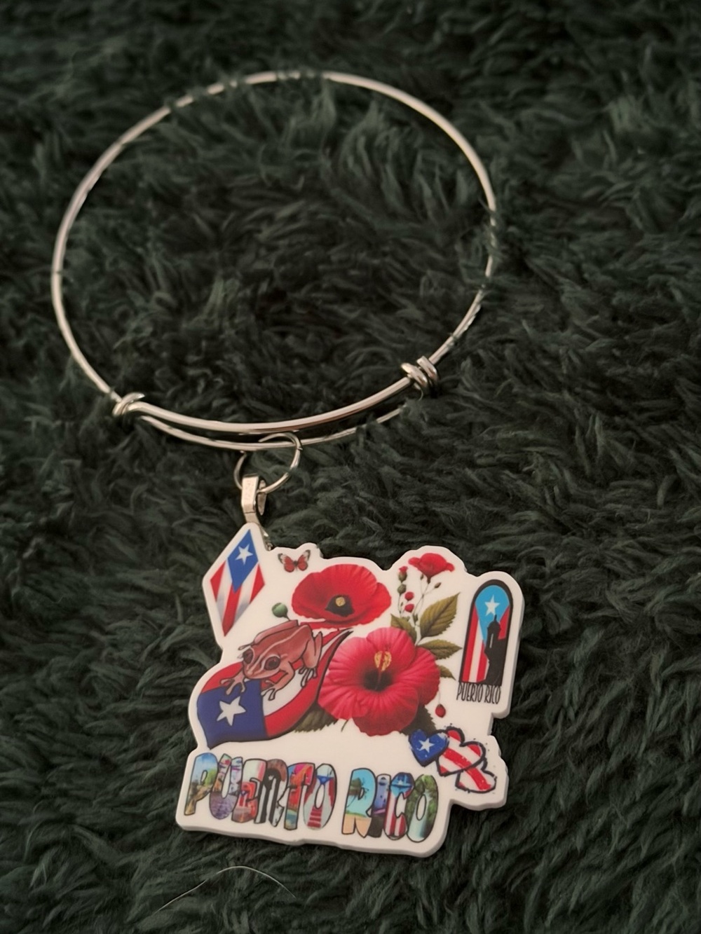 Puerto Rico Red Floral Charm Bangle Bracelet
